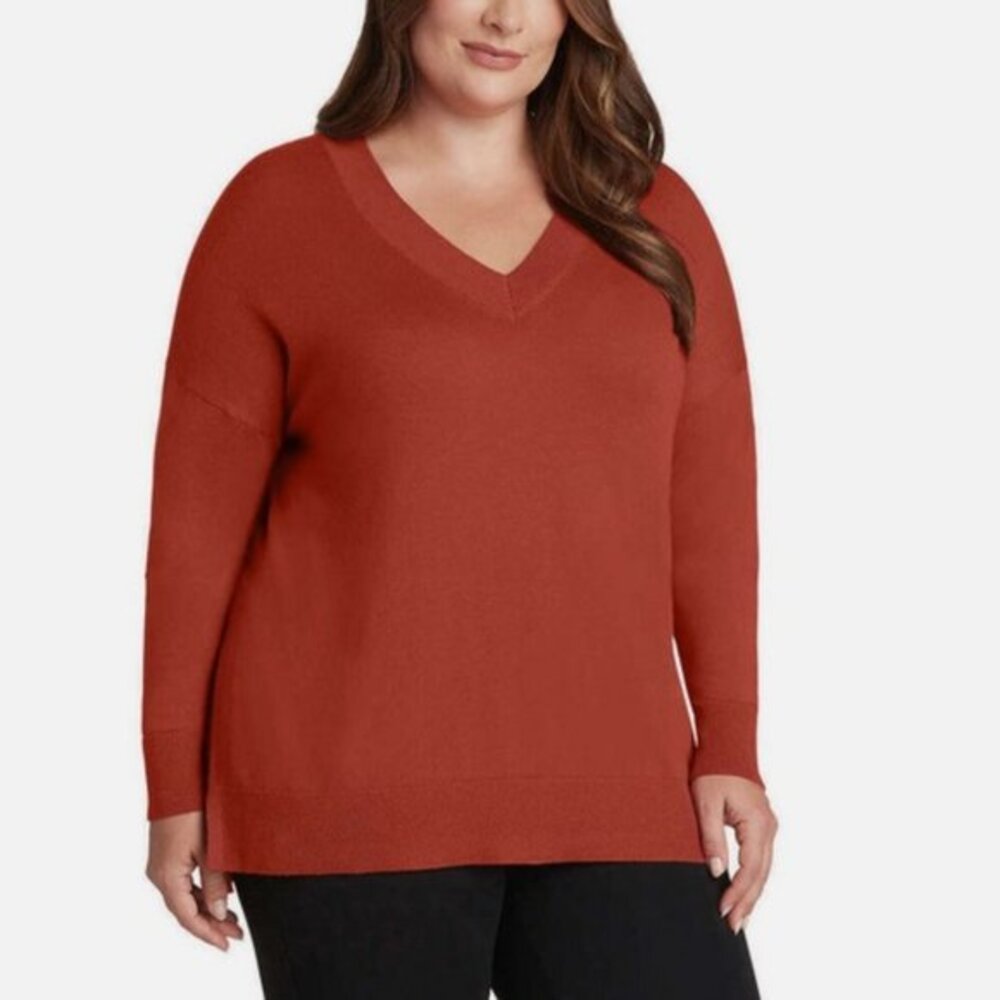Matty M ORANGE (BRICK) Lightweight Knit V-Neck Tunic Length Sweater